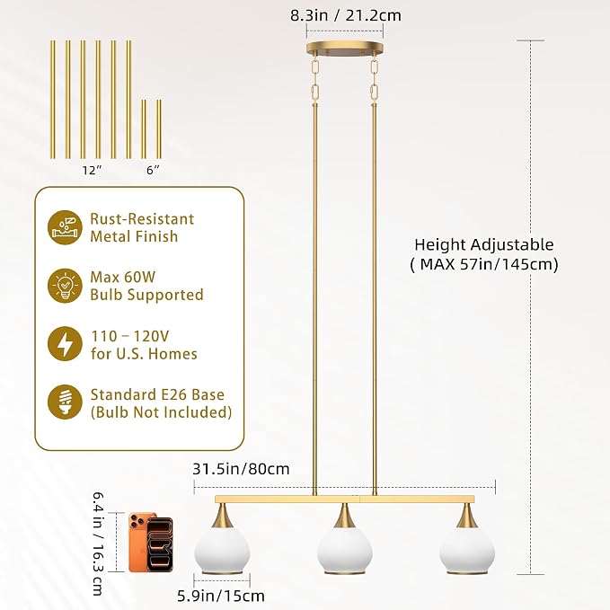 Kitchen Island Linear Pendant Light, 3-Light Gold Dining Room Chandelier with White Glass Globe Shades, Modern Linear Lighting Fixture Over Table