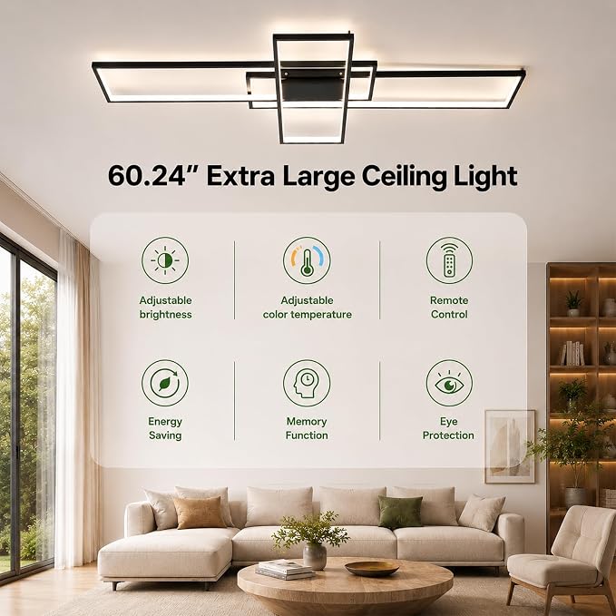 GEADI 60.2" Extra Large Modern LED Ceiling Light, Dimmable Chandelier | 112W Black Geometric Flush Mount Ceiling Lamp with Remote, 3000K-6500K Dimming, Memory, Chandelier for Living Room