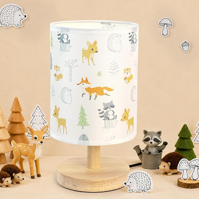 Animal Table Lamp for Bedroom Kids Bedside Lamp with Linen Wooden Nightstand Cartoon Nursery Lampshade for Boys Girls Room Decor