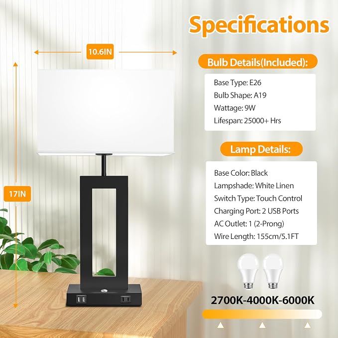 Kondras Set of 2 Table Lamps for Bedrooms, 3-Color Temperatures Touch Control Bedside Lamps with 2 USB Ports&AC Outlet, Stepless Dimmable Living Room Lamps for Nightstand, Bulbs Included, White&Black