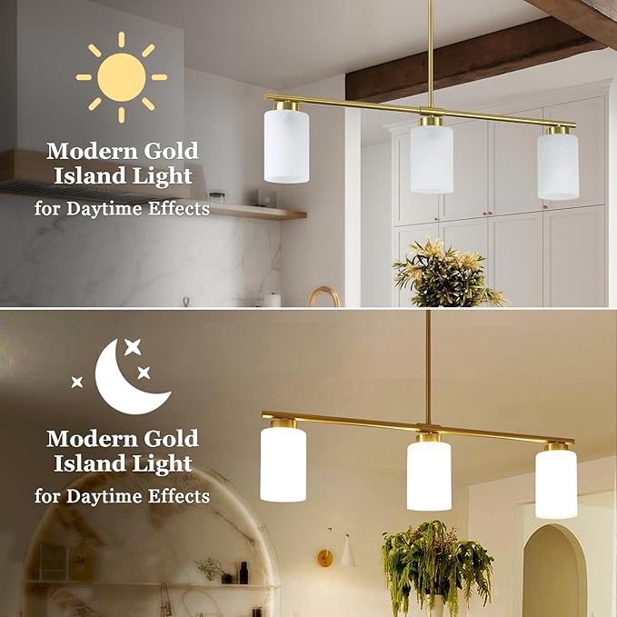 3-Light Gold Kitchen Island Lighting 31" Pendant Light with Milk Glass Shade Adjustable Height Linear Chandelier for Dining Room Modern Farmhouse Light Fixture Over Table, Bar, Living Room, Foyer, E26