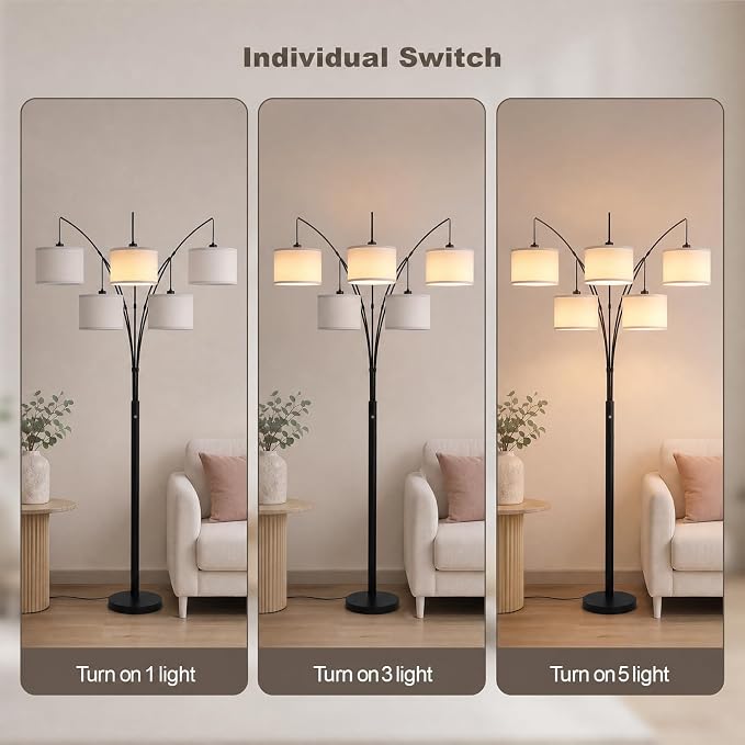 Floor Lamps for Living Room, 4000LM Super Bright Arc Floor Lamp with Remote Control, 5 Light Tall Floor Lamps with Stepless Dimmable, 80" Mid Century Tree Floor Lamp for Bedroom, Office