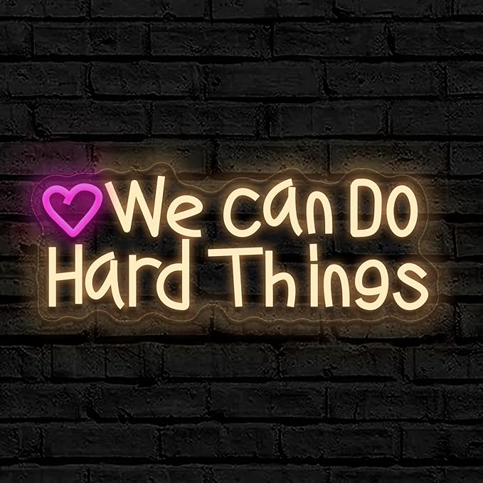 We Can Do Hard Things neon sign, suitable for classroom wall decoration, back-to-school season, graduation season, student gifts. Dimmable, USB powered, pink heart-shaped inspirational neon light.