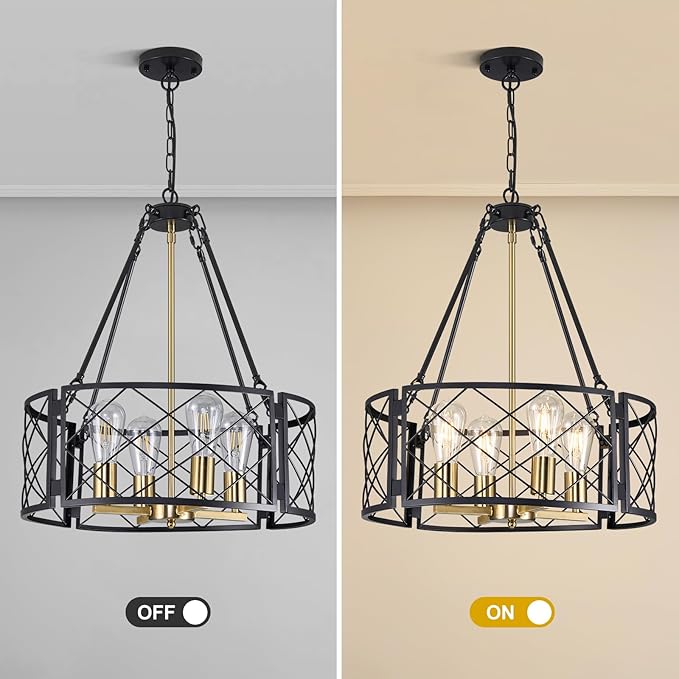 20'' Farmhouse Chandelier, 4-Light Black and Gold Dining Room Light Fixture Over Table, Rustic Industrial Drum Hanging Pendant Lights Fixture for Kitchen Island Living Room Bedroom Hallway Entryway