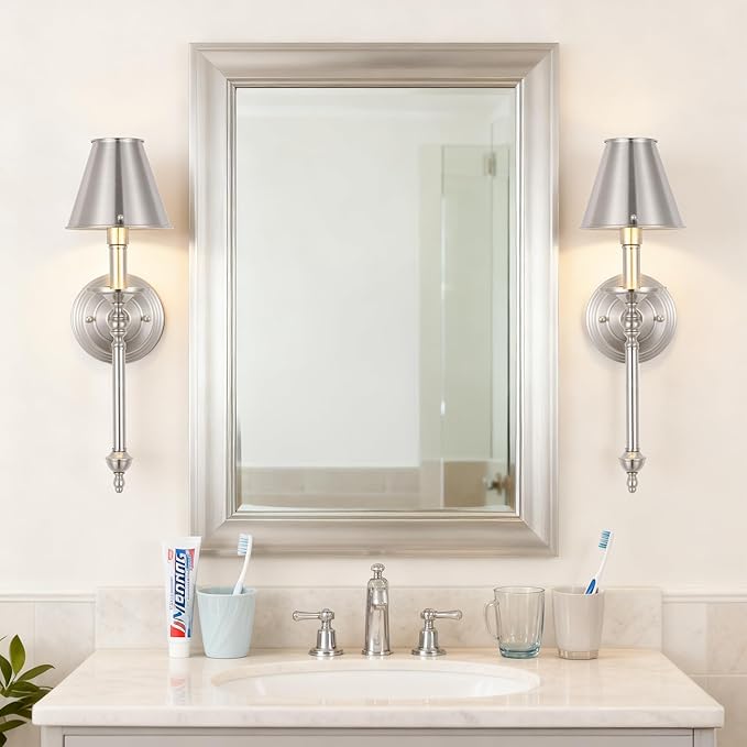 Brushed Nickel Wall Sconce Modern Bathroom Wall Lighting Vanity Light Fixtures with Metal Lampshade Industrial Mid Century Wall Mount Lights for Living Room Bedroom Stairs Corridor Mirror