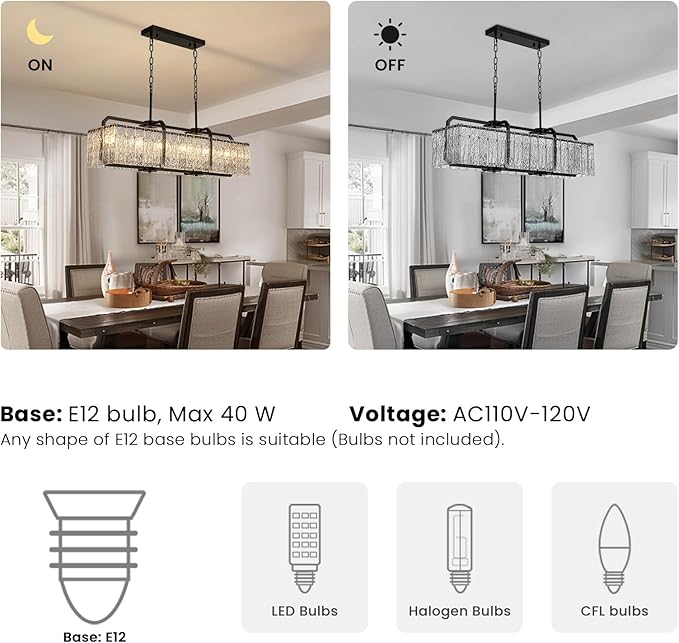 CROSSIO Modern Rectangle Black Crystal Chandeliers for Dining Room, L40 Rectangular Water Ripple Glass Pendant Light Fixture, Linear Farmhouse Lighting for Kitchen Island, Living Room, 6 Lights
