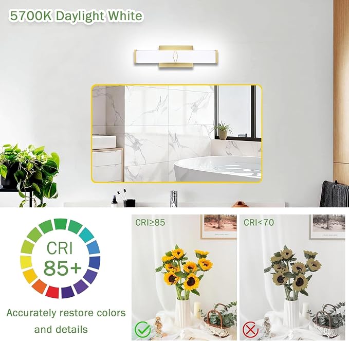 16 Inch Bathroom Vanity Light 2000LM, AC 120V 5CCT Modern Bathroom Lighting Fixtures Over Mirror Dimmable, 20W Gold LED Vanity Lighting Fixtures Wall Sconce ETL Certified, 1Pack