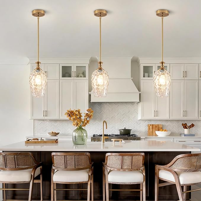 Modern Gold Pendant Lights, Adjustable Kitchen Island Pendant Lighting Fixtures with Clear Glass Shade, Hanging Light for Dining Room, Bedroom & Home Decor (Bulbs Not Included) 1 Pack