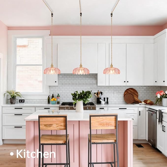 Shenmoyl Plug in Pendant Light Hanging Light Fixtures with Plugin Cord On/Off Switch,Pink Scindapsus Glass Lampshade Brass Pendant Light
