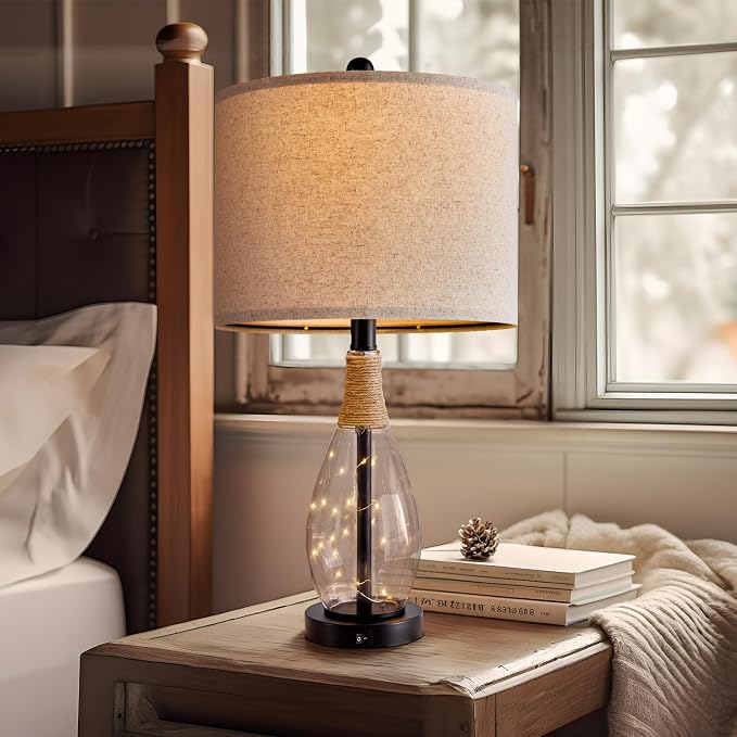 Bedside Table Lamp with USB, 23‘’ Black Modern Nightstand Lamps for Bedroom, Retro Rattan Table Lamps for Night Stands, Living Room, Farmhouse Table Lamp with Glass Nightlight Lamps