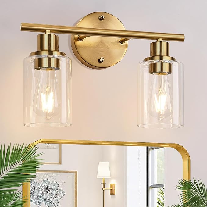 Zarbitta 2-Light Bathroom Light Fixtures, Brushed Gold Vanity Light, Modern Vanity Lights with Clear Glass Shade, Bathroom Wall Lamp for Mirror Kitchen Living Room Hallway Cabinet Porch