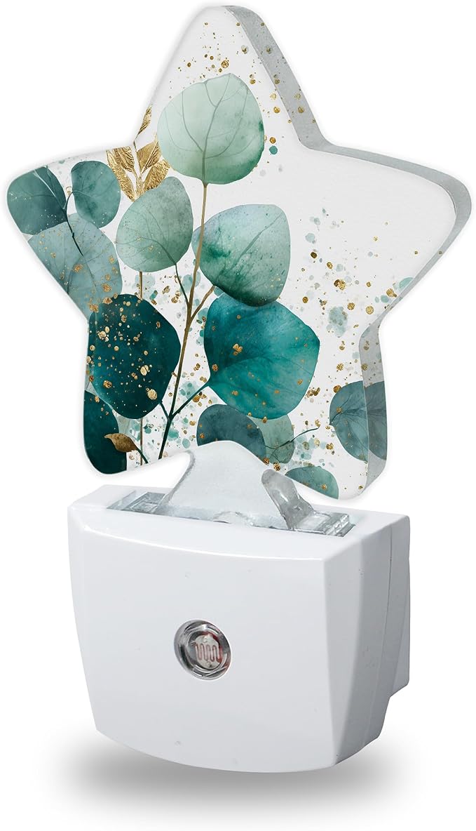 Eucalyptus Gree Night Lights Plug Into Wall Decorative,Gold Foil Nightlight with Dusk Sensor for Bathroom,Kitchen,Entryway,Room Accent,Gifts