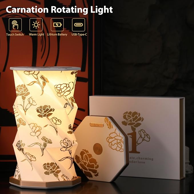 Birthday Flower Folding Lamp, Paper Lantern Lights, Japanese Gifts | Rechargeable Paper Light, Elegant Gift Box – Ideal Anniversary, Birthday Gift for Women, Mom, Grandma-White Carnation