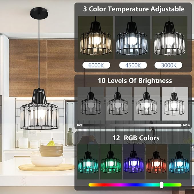 Battery Operated Pendant Lights,Rechargeable Pendant Light with Remote,Crystal LED Pendant Light Fixtures for Kitchen Island,Black Modern Hanging Lights for Bedroom,Dining Room Hallway Entryway