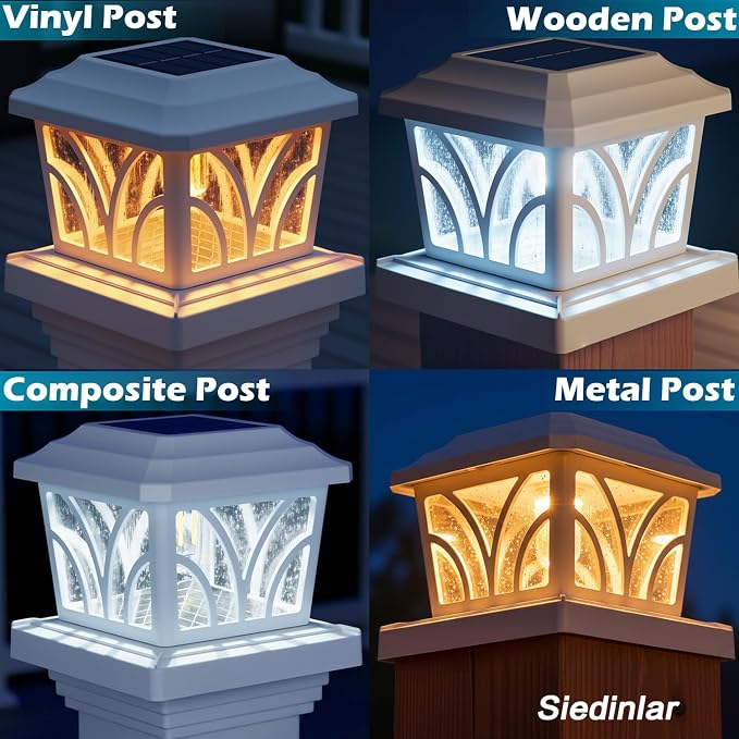 SIEDiNLAR Solar Post Cap Lights Outdoor, Aluminum Glass 2 Modes Edison LED Bulbs for 4x4 5x5 6x6 Vinyl/Wooden Posts Fence Deck Patio Decor, Warm White/Cool White Lighting 4 Pack (White)