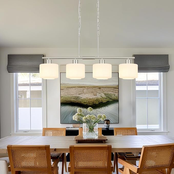 4-Light Brushed Nickel Kitchen Island Lighting, Modern Linear Dining Room Chandelier Light Fixtures with Milk Glass and Chain, Mid Century Hanging Lights for Kitchen Island, OS-YQ8153-4ISBNW