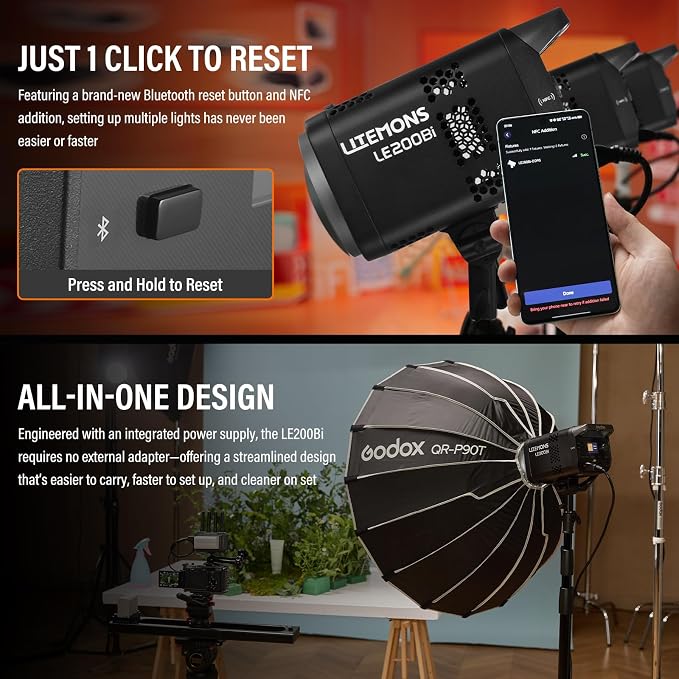 Godox Litemons LE200Bi LED Video Light Kit with Softbox Light Stand | CRI 98+, 2800K-6500K, 57700 Lux Output, DMX/App Control for Studios Ultra Quiet for Content Creation