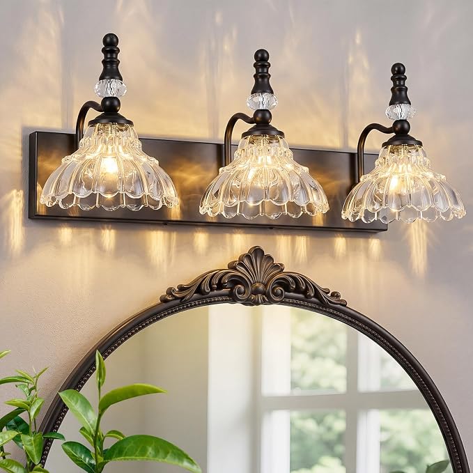 Vintage Bathroom Vanity Light, 3-Light Black Vanity Lighting Fixture with Flower Glass Shade, Bathroom Lighting Fixtures Over Mirror