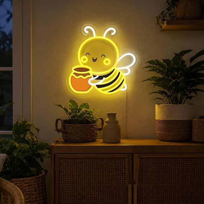 Bee Neon Sign Wall Art Cute Animal Neon Sign Honey Bee Lights Decor | Dimmable Bee Neon Light for Nursery, Kids Room, Bedroom, Living Room, Playroom, Bee Themed Decor and Nature Lovers Gift