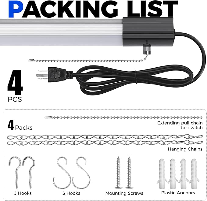 Barrina BS168 168W 8FT LED Shop Lights, 16800LM, 5000K, High Output, Linkable, LED Shop Light for Garage, Workshop, Warehouse, Hanging or Ceiling Mount with Pull Chain Switch, 4 Packs