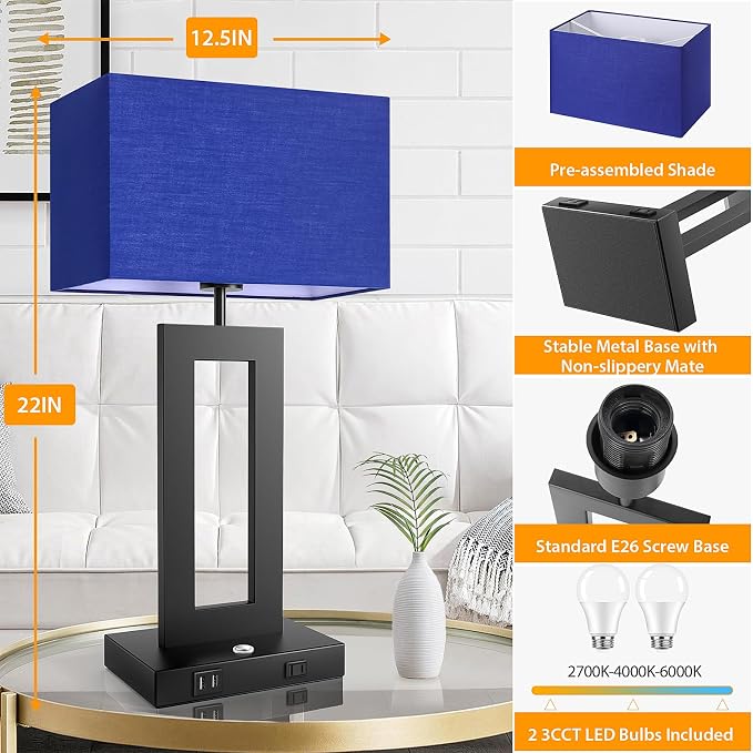 3 Color Temperatures Table Lamps for Bedrooms Set of 2, 22’’ Touch Control Bedside Nightstand Lamps with 2 USB Ports & AC Outlet, Stepless Dimmable Lamps with Blue Shade, Modern Decor for Living Room