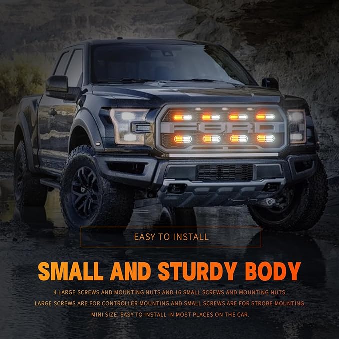 BooYu 8-pcs Sync Feature LED Emergency Strobe Lights Ultra Slim Grille Surface Mount Flashing Warning Hazard Light Bar w/Controller for Construction, Firefighter, Trucks, Vehicles, Car (Amber/White)