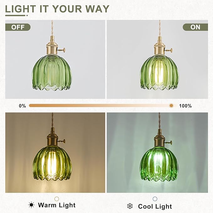 Plug in Pendant Light Fixtures, Hanging Light Fixture Vintage Glass Pendant Light, Mini Green Tulip Hanging Lamp, Pendant Lighting for Kitchen Island, Bedroom, Dining Room, Living Room