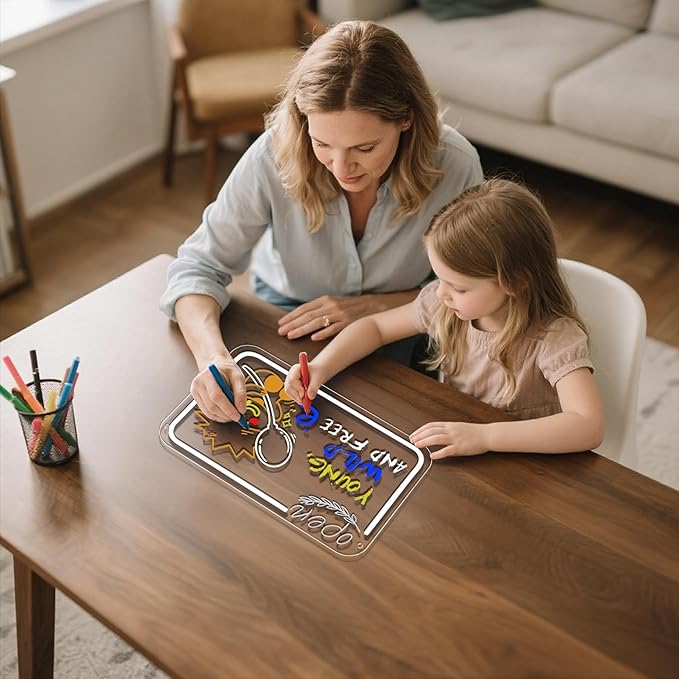 NOSUN OPEN LED Note Board 14.6*9.5” Acrylic Dry Erase Light Up Message Board with Chain and Stand, for Bar Salon Coffee Stores Club Hotel Kids With 7 Color Markers Glow Rewritable Memo Drawing Writing Board