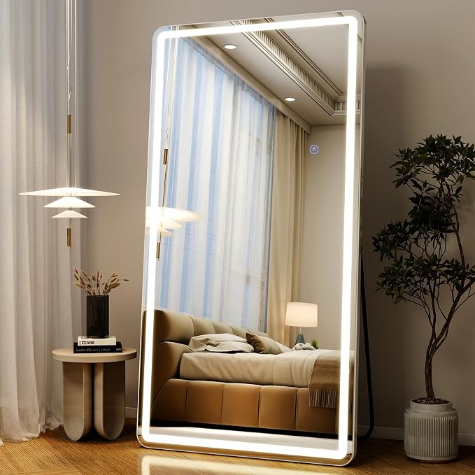 Easly 76"x 34" Full Length Mirror with Lights, LED Lighted Floor Standing, Hanging Full Length with Stand, Full Body Dressing Mirror with Dimmable 3 Color LED