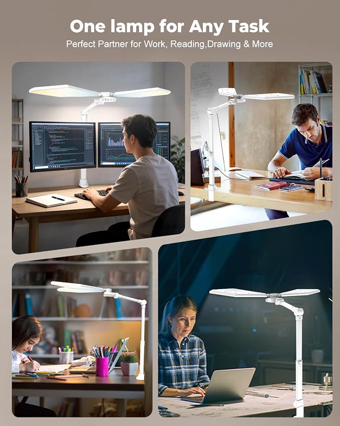 36W LED Desk Lamp with Clamp, Dual-Head Architect Lamp with Remote, White | Ultra Bright 448-LED 3600LM Office Lamp, 2700K-6500K, Stepless Dimming, 60-Inch Desk Light for Workbenches and Home Offices