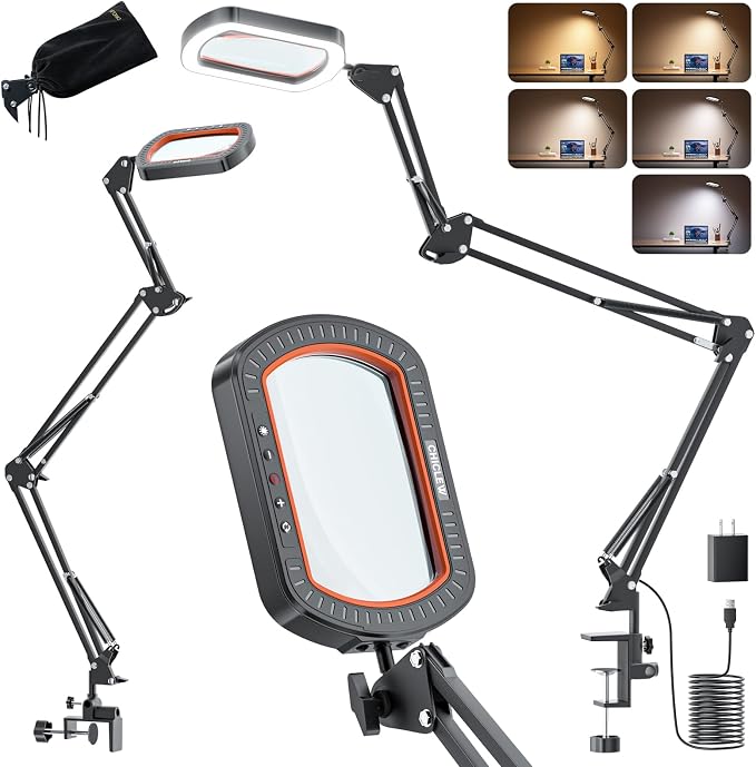 10X Rectangle Magnifying Lamp, Large Magnifying Light with 5 Color Modes | Magnifying Glass with light and Clamp, Hands Free, for Close Work, Crafts, Jeweller Repair, Painting, Hobbies