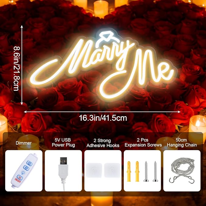 Marry Me Neon Sign, LED Neon Sign Wall Decor for for Engagement Proposal Wedding Ceremony Backdrop Wall Background Decorations, 16"x 9" USB Powered 10 Warm Brightness Light up Letters Signs