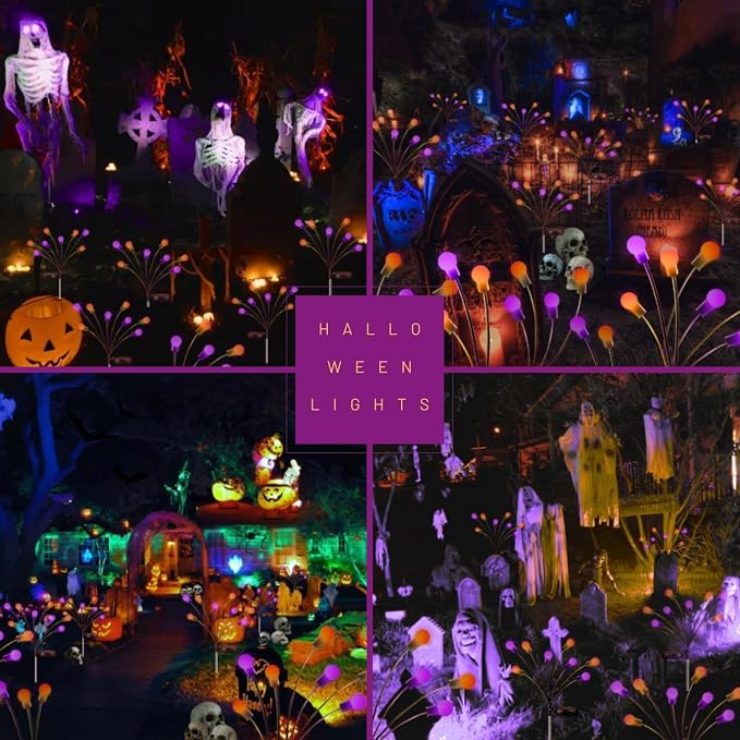 OZS 6 Pack Solar Halloween Lights Outdoor, 48 LED Purple Orange Firefly | Waterproof IP65, Swaying Effect, 2 Modes, for Garden Pathway Patio Yard Lawn Decor, Halloween Decorations