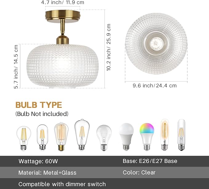 Glass Semi Flush Mount Ceiling Light Fixture, Gold Vintage Globe Lamp, Sloped Ceiling Adaptable, for Hallway, Kitchen, Bedroom, or Entryway, Modern Farmhouse Style Light for Dining Room