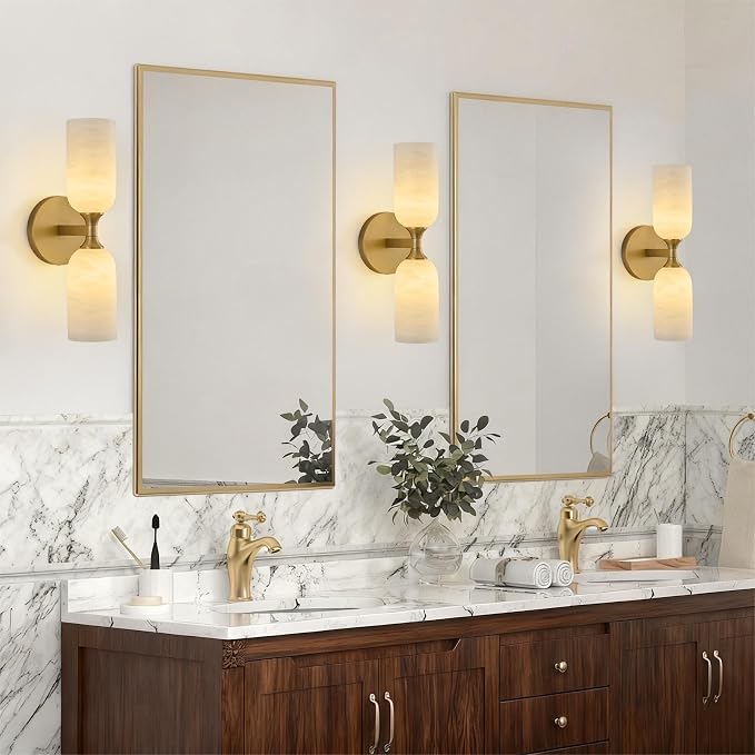 14" Natural Alabaster Sconce, Vintage Brass Marble Wall Light | Natural Spanish Alabaster, Modern Vintage Style, Unique Marble Veining, Solid Brass Construction, Dual Installation Options