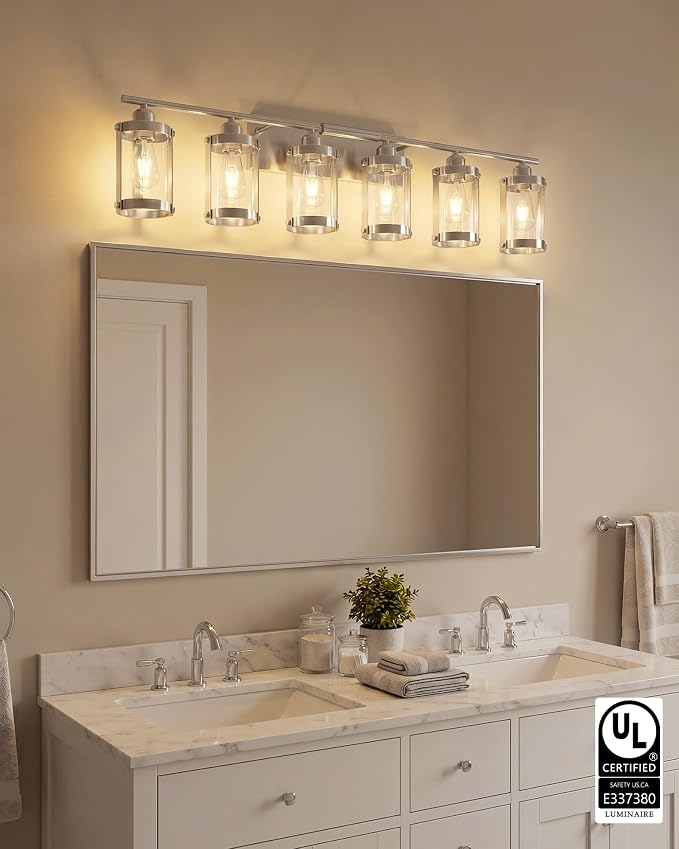 6-Light Brushed Nickel Bathroom Light Fixtures Over Mirror with Clear Glass and Metal Cage Shade, 42" UL-Listed Modern Farmhouse Wall Sconce for Bath, Hardwire E26, OS-3014BN-6W