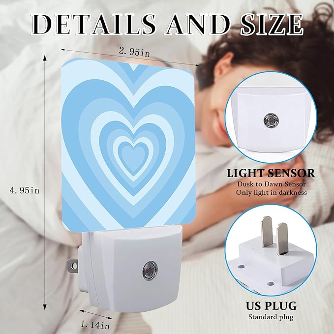 Blue Love Heart Night Light, Plug-into Wall Valentine Lover Nightlight Lamp with Dusk to Dawn Sensor, Led Lamp 0.5W Energy Efficient for Boys Girls Adults Home Decor