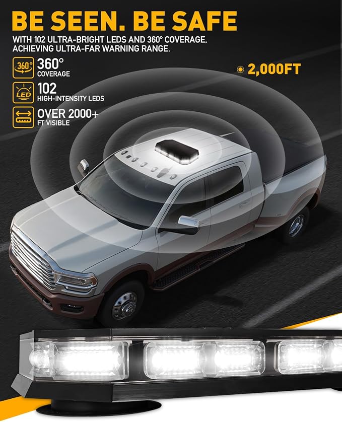 HLauto 406D Rooftop Emergency Strobe Lights Bar, 102 LED White Mini Beacon Safety Flashing Warning Traffic Lights Bar w/Magnetic Base for 12-24V Trucks, Construction Vehicles, Snowplow, Cars