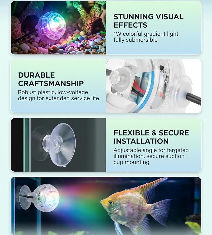 GLOGLOW Submersible LED Aquarium Light, Gradient, Suction Cup Night Light