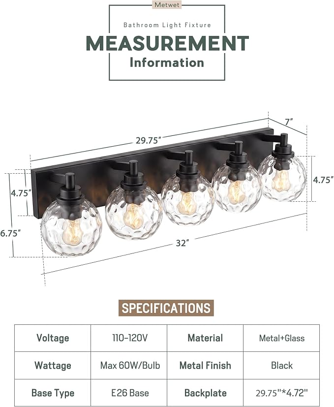 5-Light Black Bathroom Vanity Light, Hammered Glass Globe Shade | 32 Inch matte black modern bathroom light fixture over mirror, UL listed, E26 bulbs, hardwired, upward only, VL200-MB-CL-5