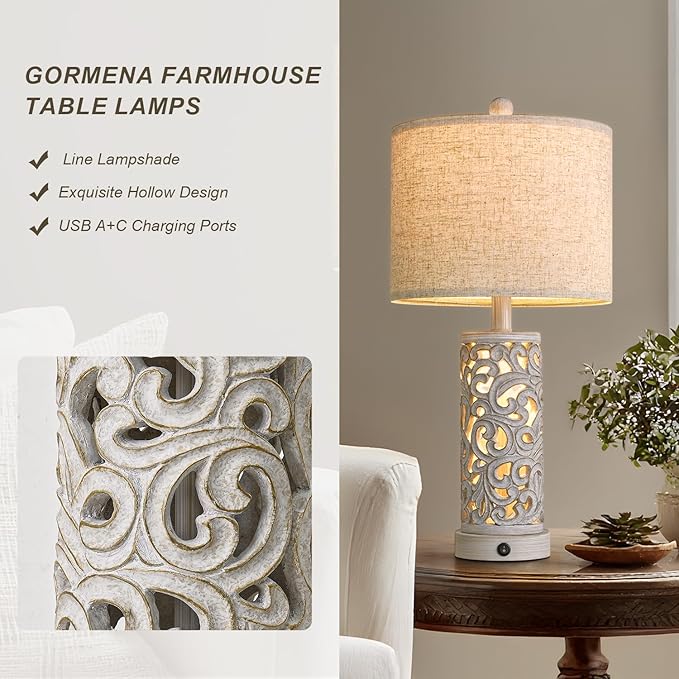 22" Dual Light Table Lamps for Living Room, USB A+C Table Lamp for Bedroom, Farmhouse Lamps for Night Stands with Linen Shade for Home Office(Bulb Included)