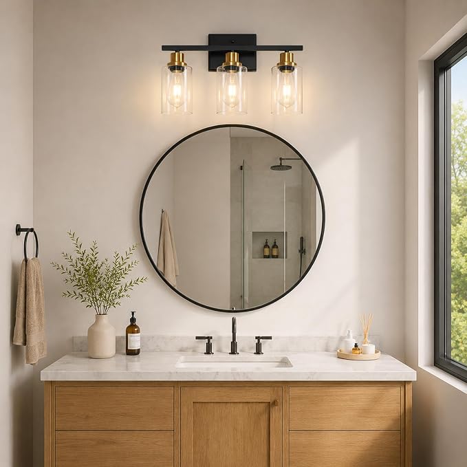 Ascher Bathroom Vanity Light Fixtures, 3 Light Wall Sconces Lighting with Clear Glass Shade, Black and Gold Wall Lights for Mirror, Kitchen, Living Room, Hallway, E26 Base (Bulbs Not Included)