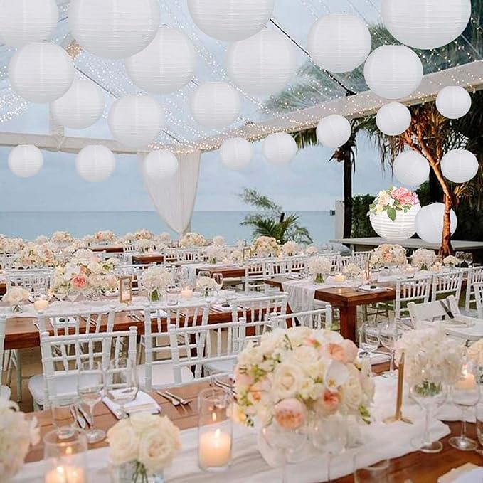 White Paper Lanterns Set (12Pcs) Round Hanging Paper Lanterns for Children's DIY Activities Wedding, Bridal, Outdoor, Garden, Home, Party Decorations