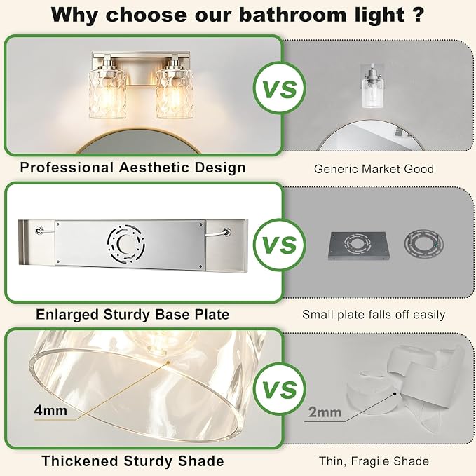 Modern Bathroom Lighting Fixtures Over Mirror, Vanity Lights for Bathroom, Wall Sconces with Clear Glass Shades, E26 Ceramic Socket, 2-Light 14-inch Brushed Nickel