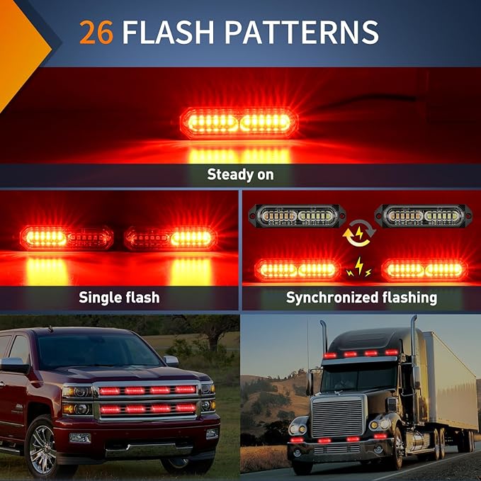 Nilight 8PCS Led Strobe Lights 12LED Red Emergency Light 12V 24V Surface Mount Flashing Warning Hazard Beacon Ultra Slim Sync Feature Mini Grille for Cars Trucks Off Road Vehicles SUV