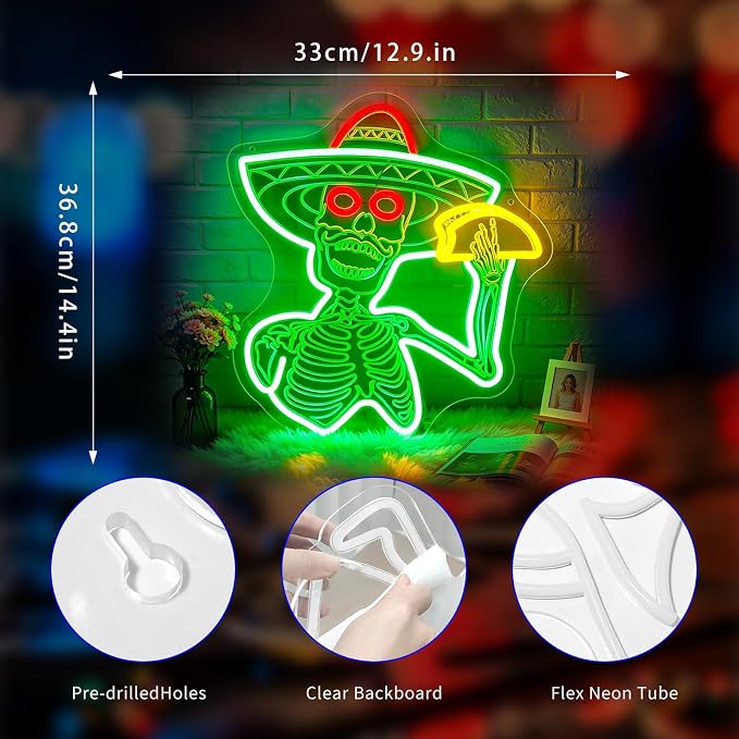 Neon Sign, Tacos Skul Neon Signs for Wall Decor LED Sign Neon Light | Green Skull Neon Sign, Skeleton Taco LED Signs for Mexico Restaurant, Mexican Kitchen, Halloween Decor, Gift, USB Powered