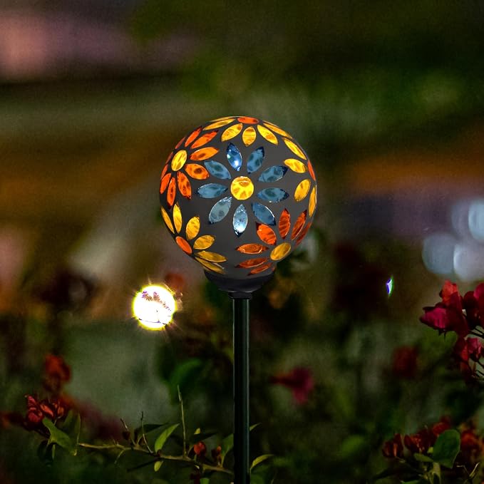 VCUTEKA Decorative Solar Garden Lights, 3.5" Mosaic Globe Outdoor Stake | Mosaic Glass Globe Design, Solar LED Light, Waterproof Design, Auto On/Off and Metal Stake Design for Lawn and Patio
