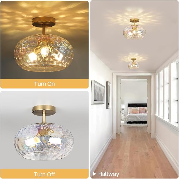12" Vintage Rainbow Glass Ceiling Light, Mid Century 3-Light Semi Flush Mount Fixture, Modern Hammered Gold Lighting for Girls Bedroom, Hallway, Kitchen, Living Room