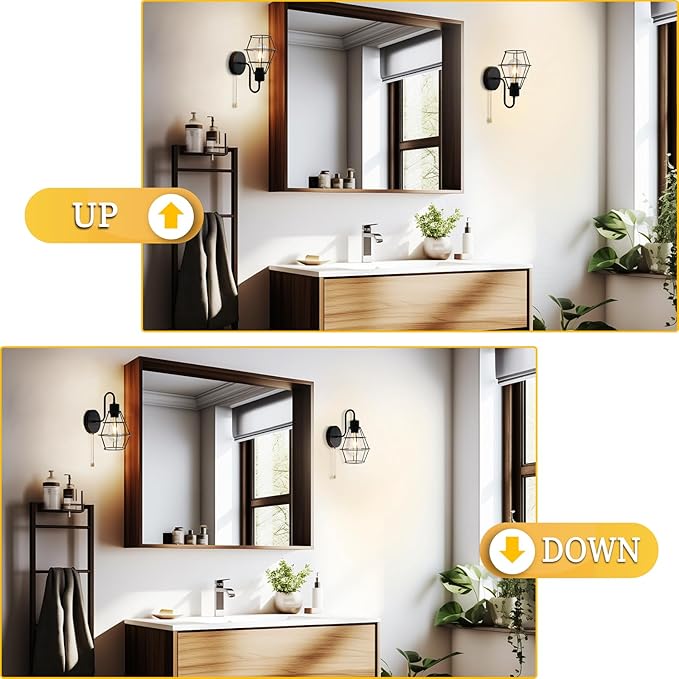 Wire Cage Wall Sconce with Pull Chain 2pack, Hardwire Wall Lights with On Off Switch, Metal Wall Mount Light Fixture Indoor E26 Vintage Black Wall Lighting for Living Room, Bedroom