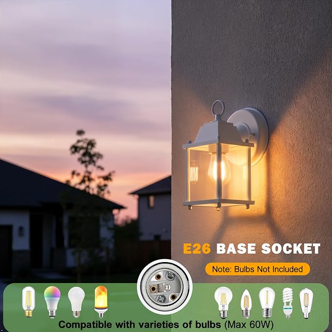 Outdoor Wall Light Fixture, Rustproof Aluminum, Clear Glass | Exterior Porch Light Wall Sconce Lantern for House, Patio, Garage, Waterproof, E26 Socket 60W Max, White, 1 Pack